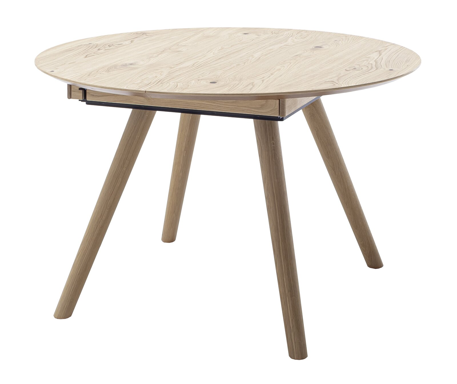 Schöner Wohnen Esstisch SW ROUND Runder Esstisch aus hellem Holz mit vier schrägen Beinen, seitliche Perspektive