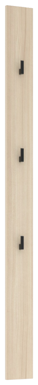 Garderobenpaneel aus hellem Holz mit drei schwarzen Haken, seitliche Perspektive