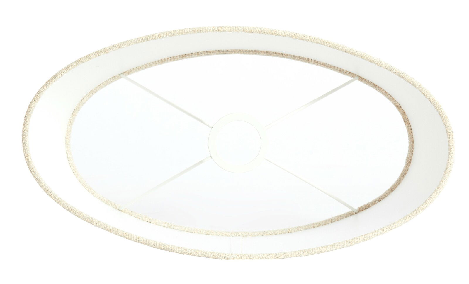 Elliptischer Lampenschirm aus Stoff in Draufsicht, zeigt die innere Struktur und den weißen Rahmen.