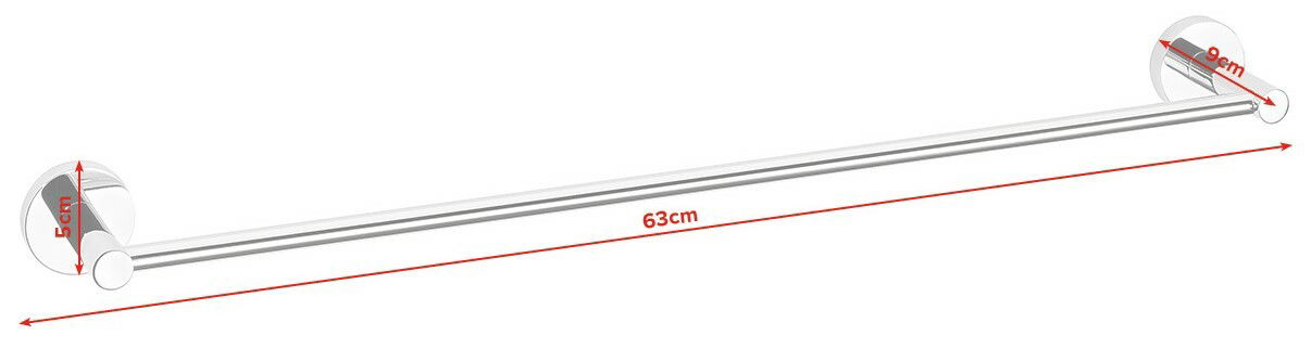 Ansicht einer silbernen Handtuchstange mit einer Länge von 63 cm, montiert an zwei runden Halterungen. Die Perspektive zeigt die Stange von der Seite.