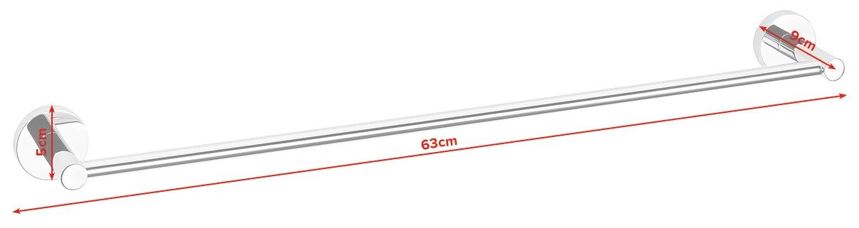 Afbeelding van een zilveren handdoekstang met een lengte van 63 cm, bevestigd aan twee ronde beugels. De afbeelding toont de stang in zijaanzicht.