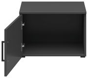 Schwarzer Aufsatzschrank mit geöffneter Tür, Frontansicht