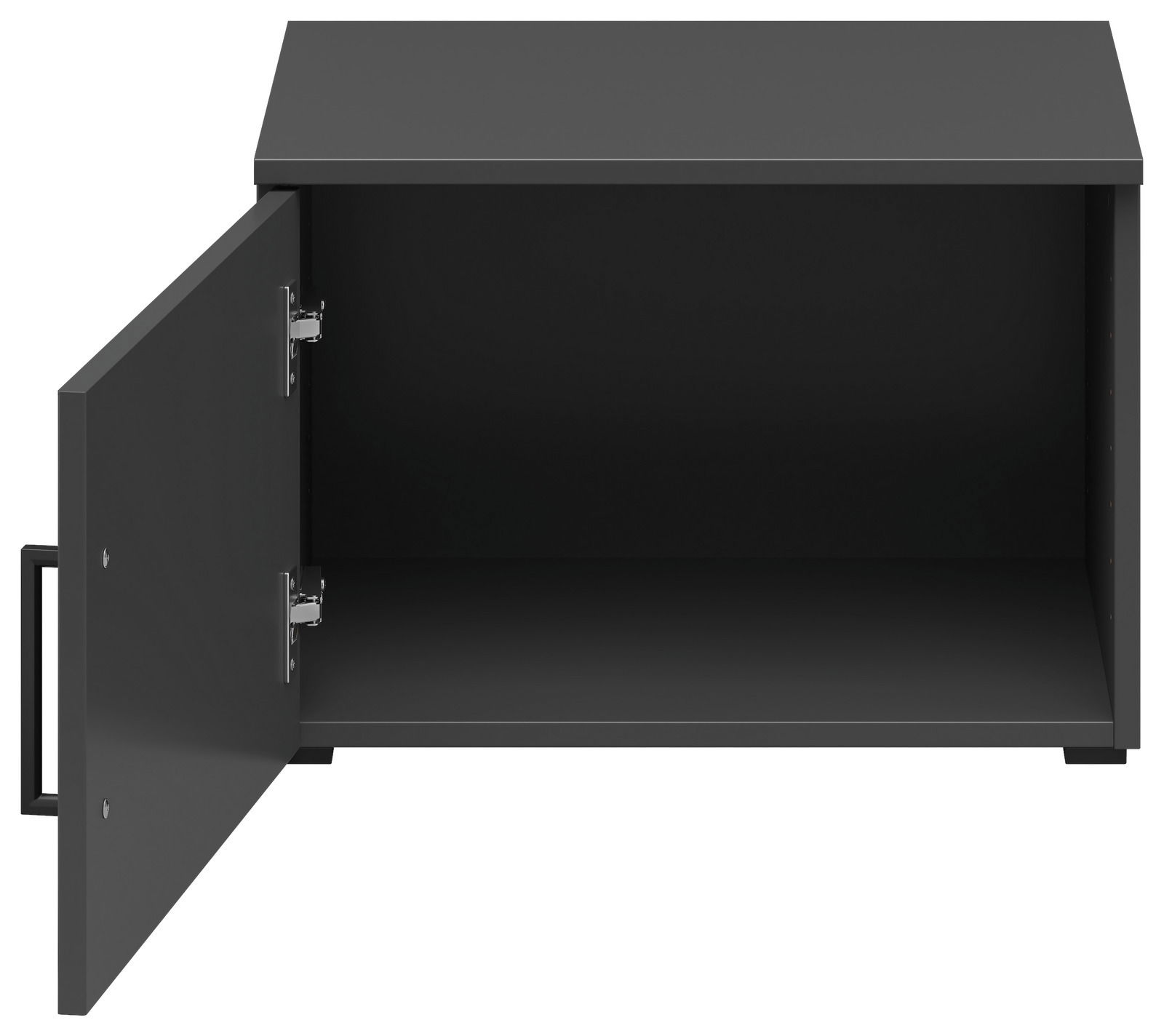 Schwarzer Aufsatzschrank mit geöffneter Tür, Frontansicht