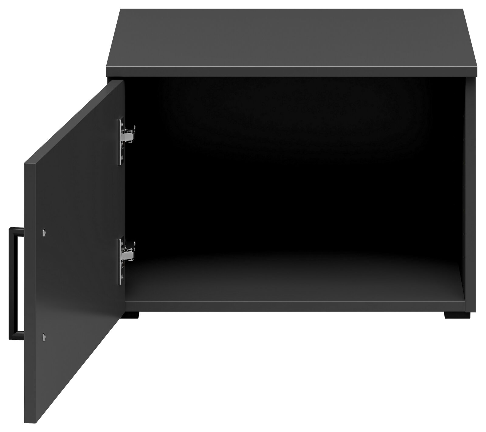 Schwarzer Aufsatzschrank mit geöffneter Tür, Frontansicht