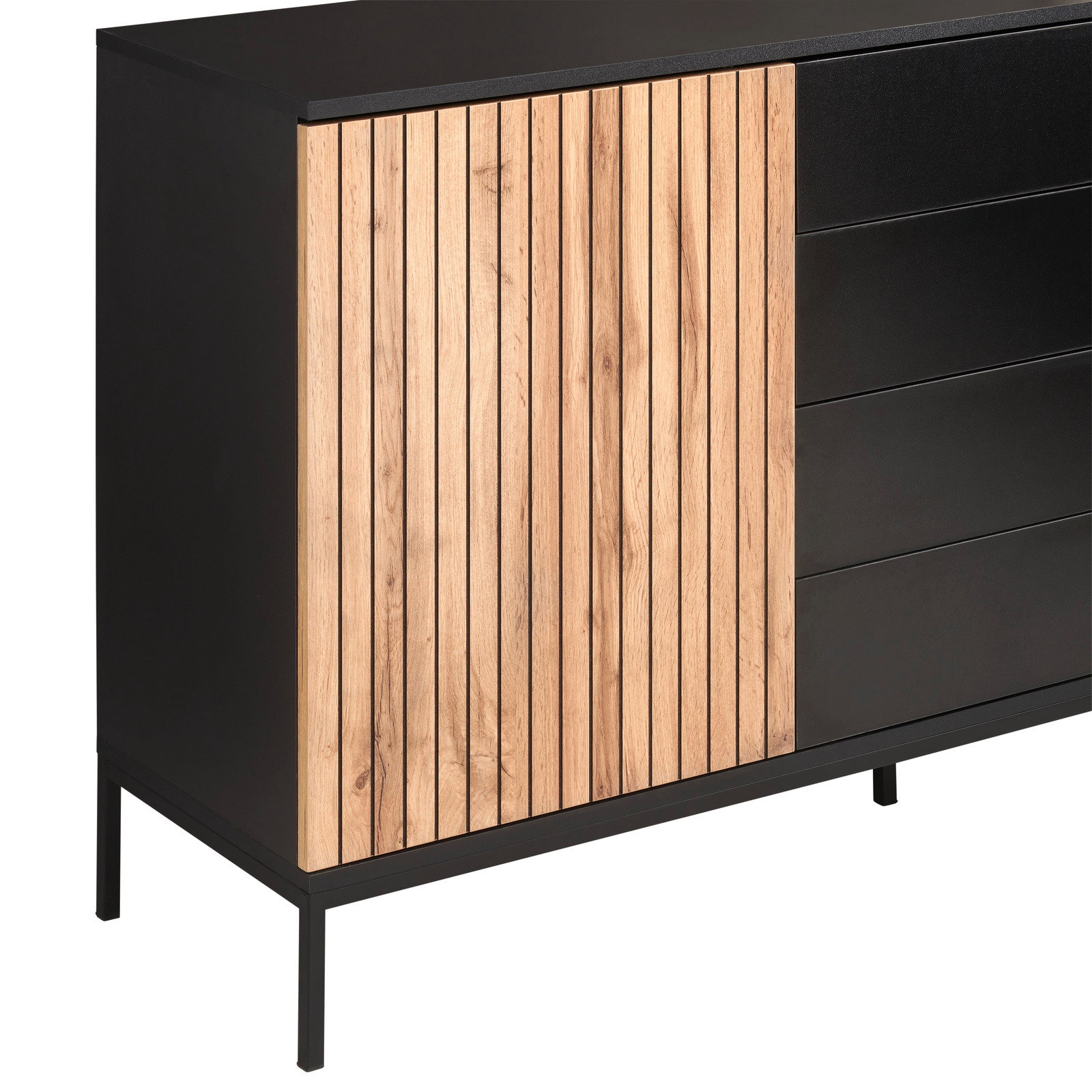 Modernes Sideboard mit schwarzem Korpus und Holzlamellen, seitliche Perspektive