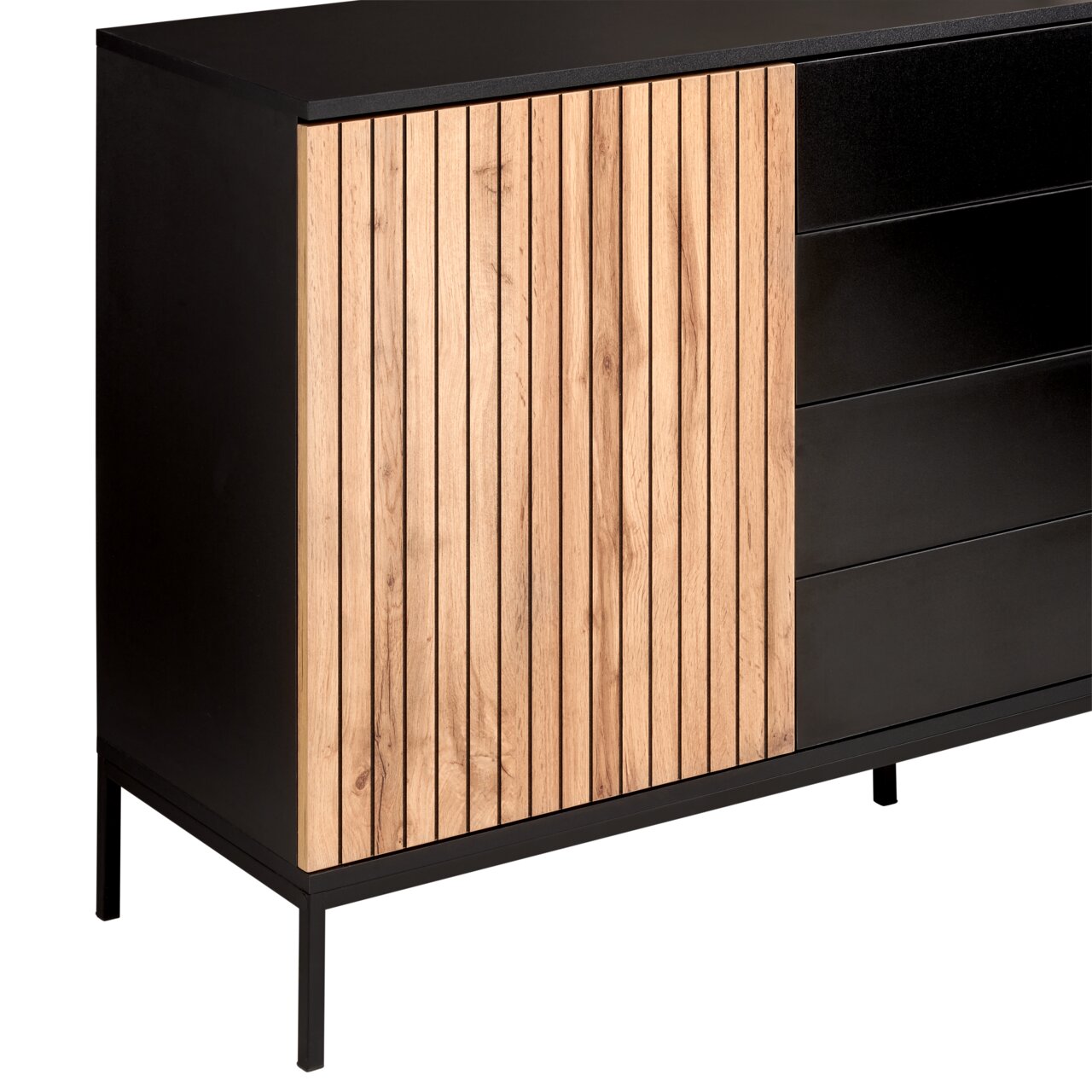 Modernes Sideboard mit schwarzem Korpus und Holzlamellen, seitliche Perspektive