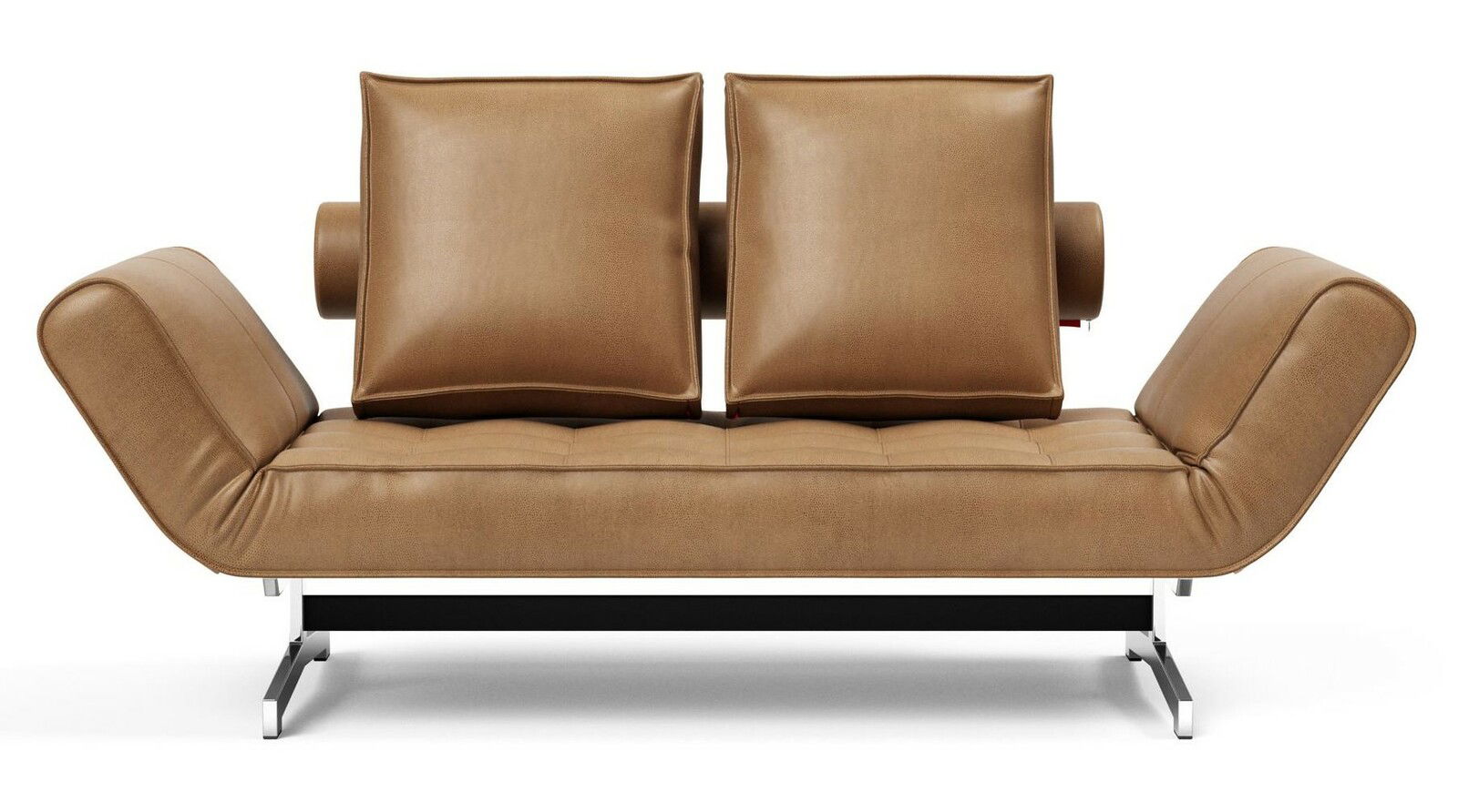 Frontale Ansicht eines braunen Funktionssofas mit verstellbaren Rückenlehnen und Kissen, Modell GHIA.