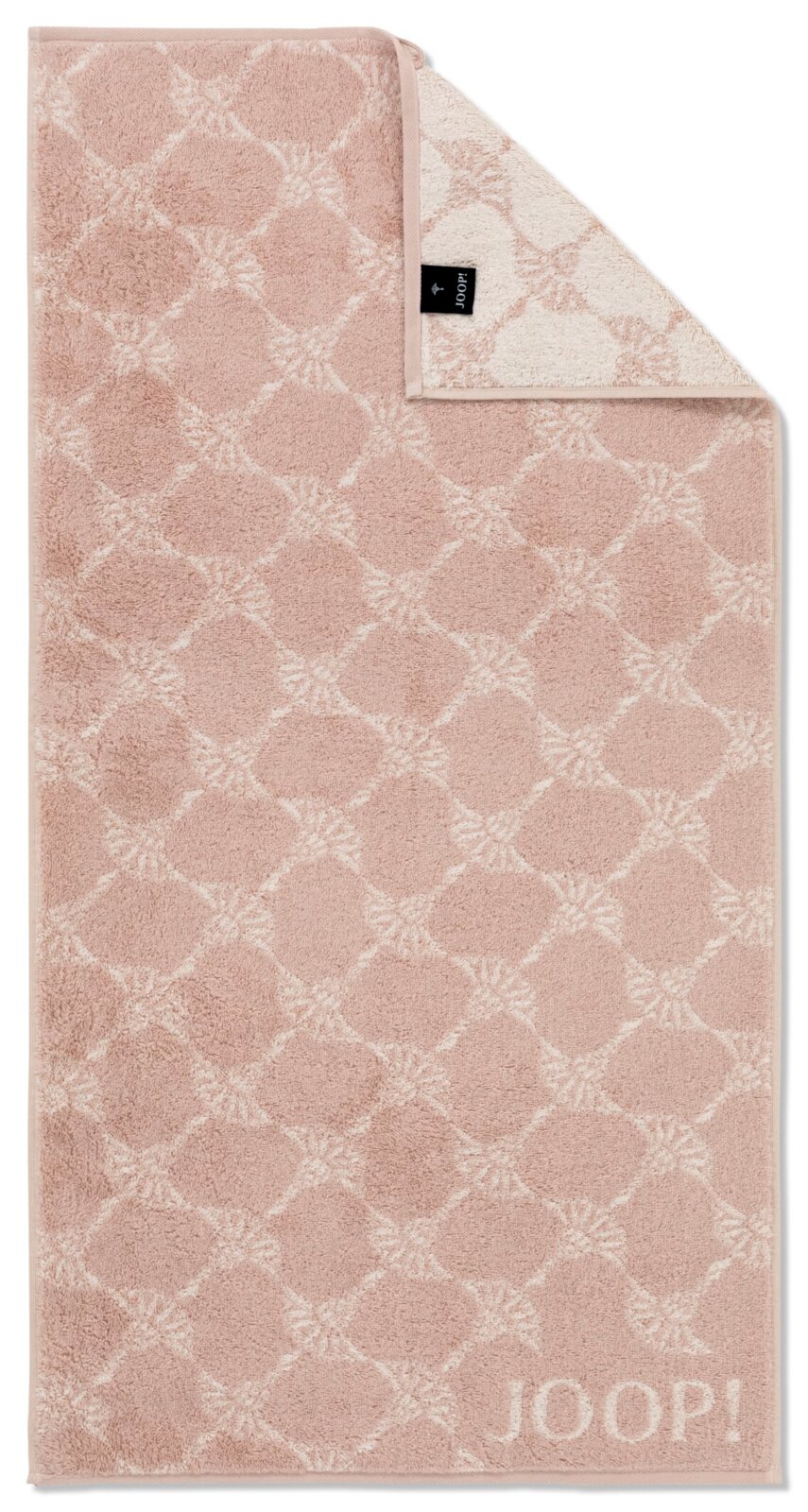 Roze handdoek met geometrisch patroon en JOOP!-logo, bovenaanzicht