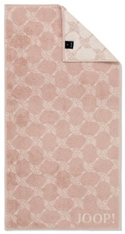 Roze handdoek met geometrisch patroon en JOOP!-logo, bovenaanzicht