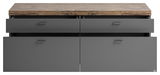 Frontansicht eines TV-Lowboards mit zwei offenen Schubladen und einer Holzoberfläche.