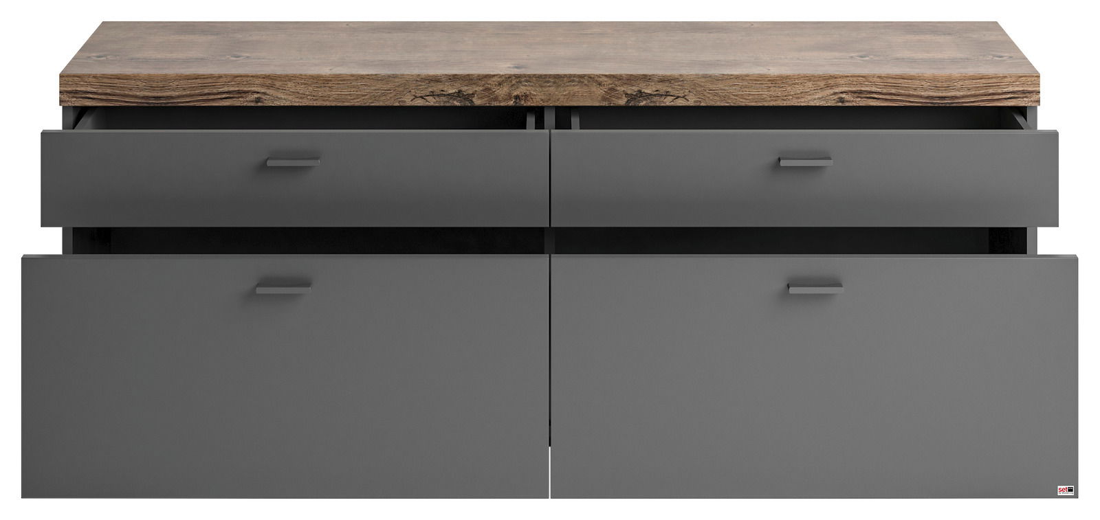 Set one by Musterring TV-Lowboard SET ONE LANCASTER Frontansicht eines TV-Lowboards mit zwei offenen Schubladen und einer Holzoberfläche.