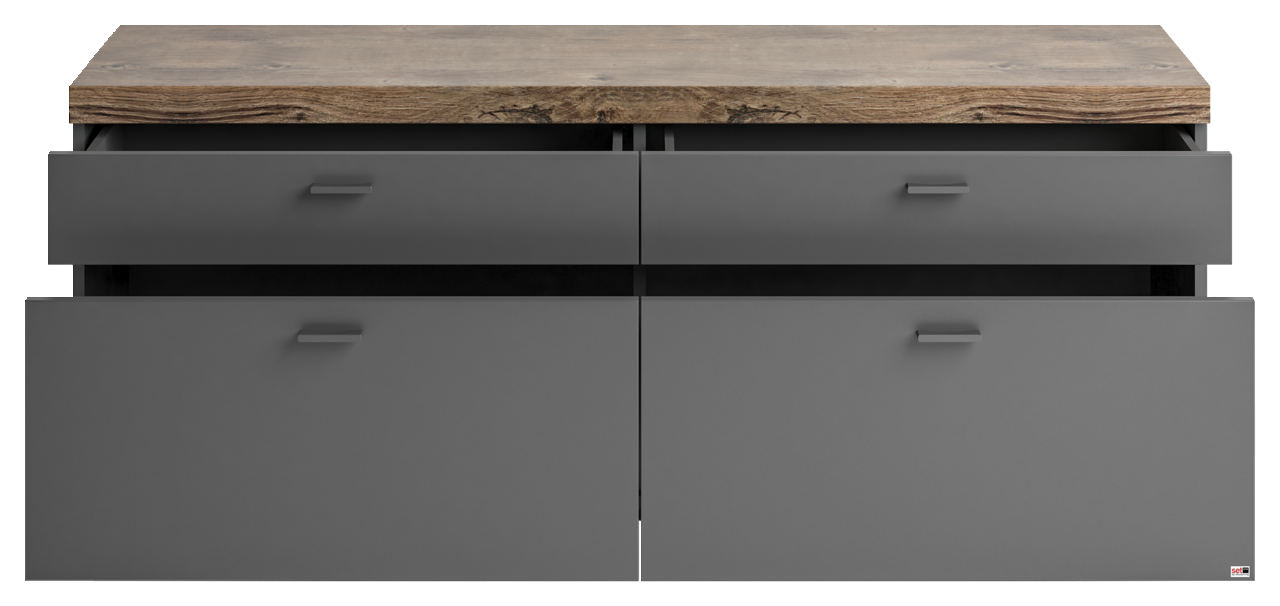 Frontansicht eines TV-Lowboards mit zwei offenen Schubladen und einer Holzoberfläche.