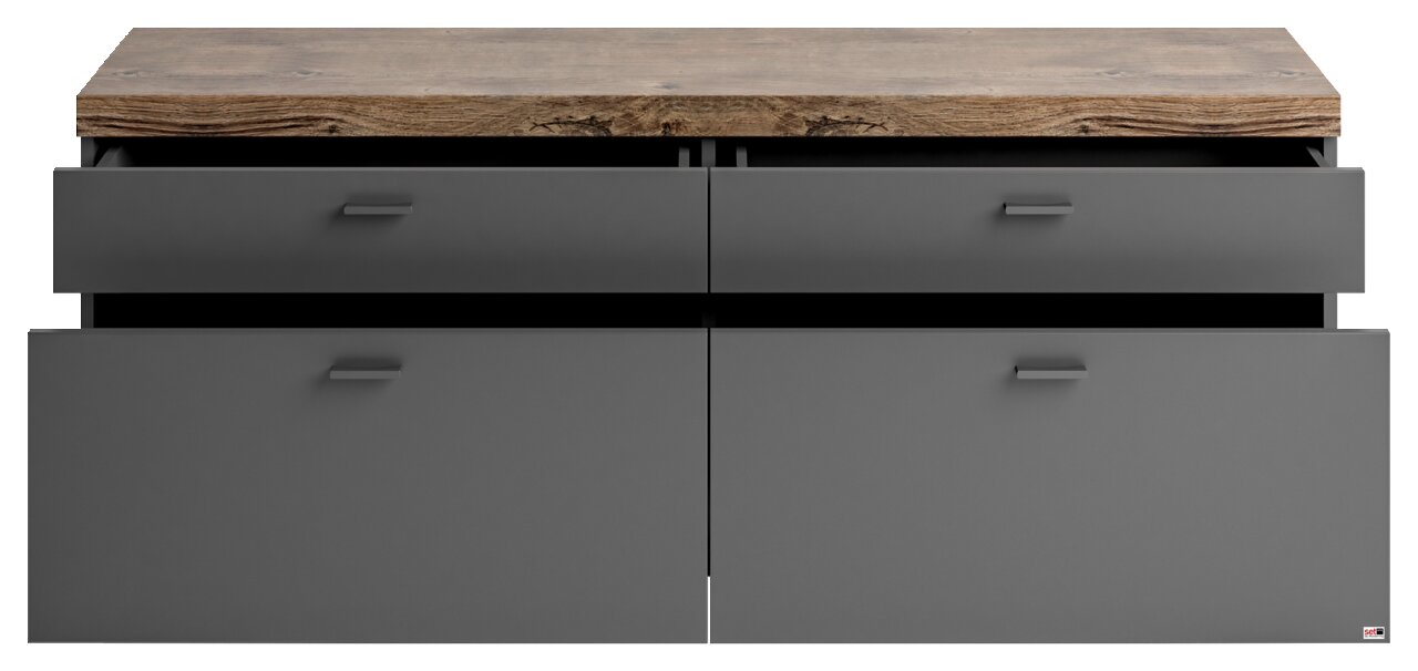 Set one by Musterring TV-Lowboard SET ONE LANCASTER Frontansicht eines TV-Lowboards mit zwei offenen Schubladen und einer Holzoberfläche.