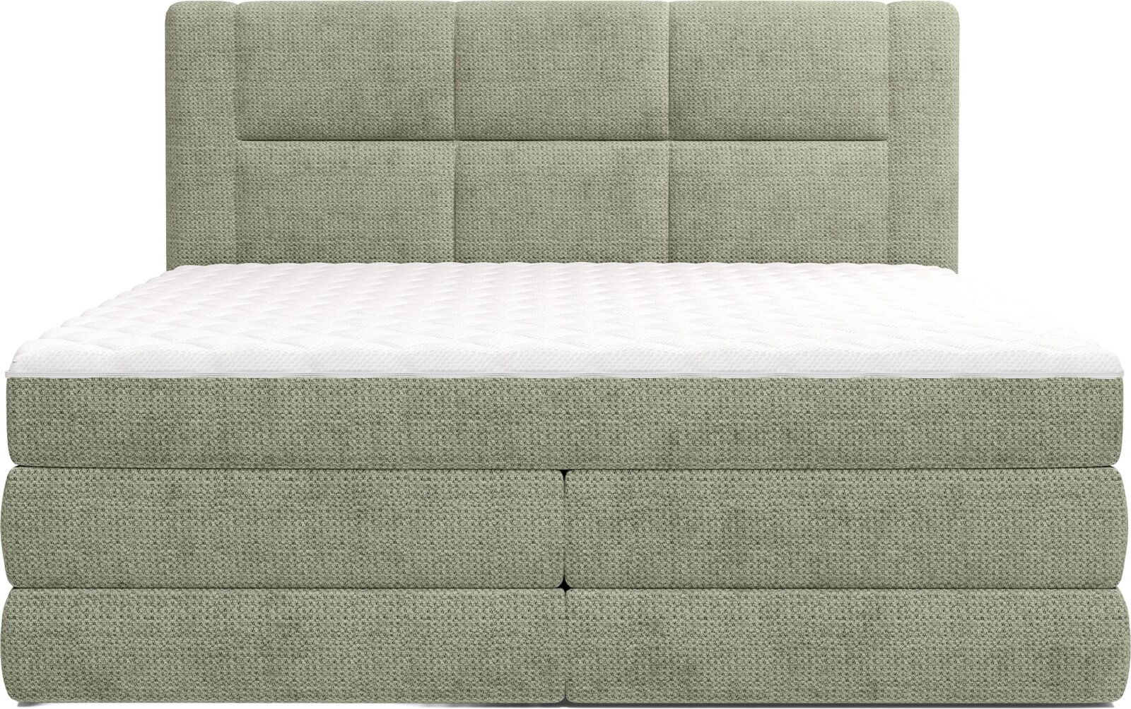 Gestoffeerd boxspringbed met groen/grijze geweven bekleding, wit matras en gewatteerd hoofdbord, frontale aanzicht (voorzijde)