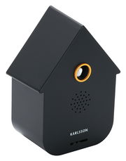 Schwarze moderne Soundbox in Form eines Hauses mit goldenen Akzenten, seitliche Perspektive