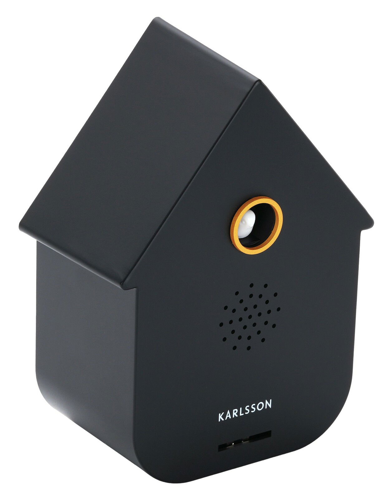 Schwarze moderne Soundbox in Form eines Hauses mit goldenen Akzenten, seitliche Perspektive