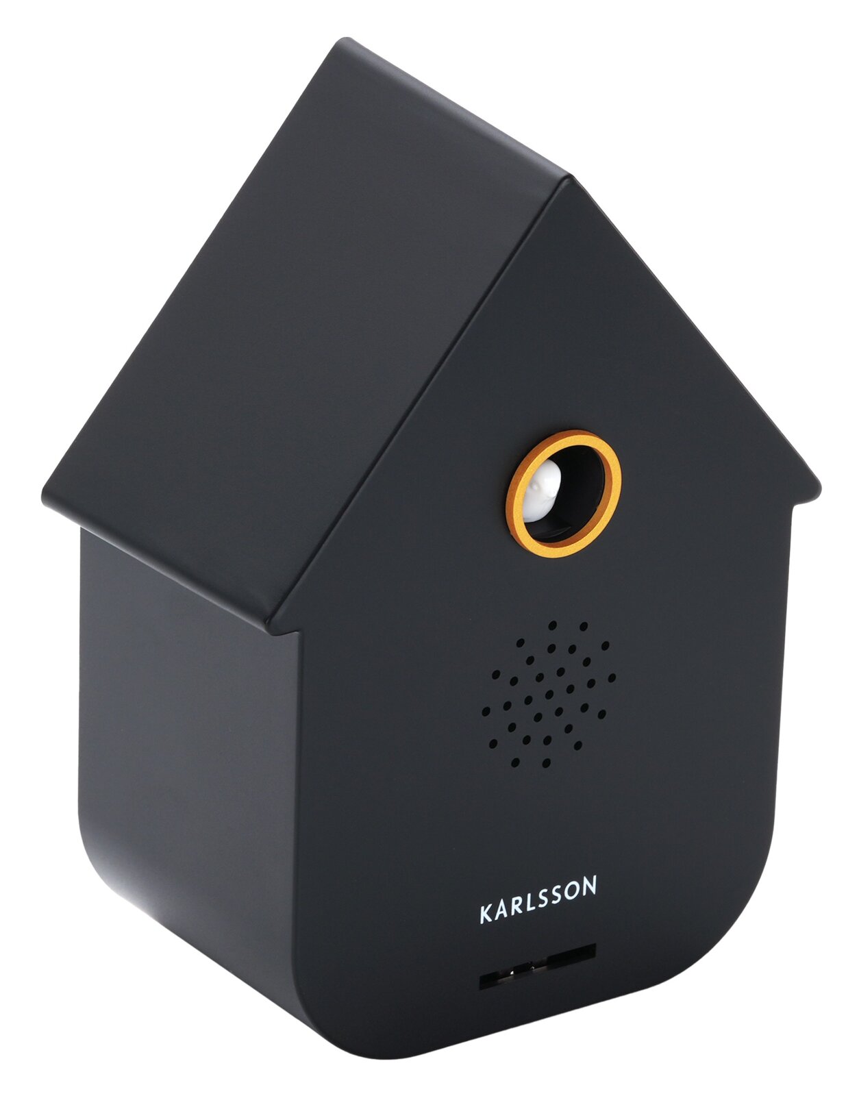 KARLSSON Soundbox CUCKOO Schwarze moderne Soundbox in Form eines Hauses mit goldenen Akzenten, seitliche Perspektive