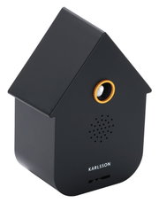 Zwarte, moderne luidsprekerkast in de vorm van een huis met gouden accenten, zijaanzicht