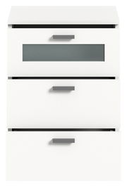 Weiße Nachtkommode mit drei Schubladen, Frontansicht