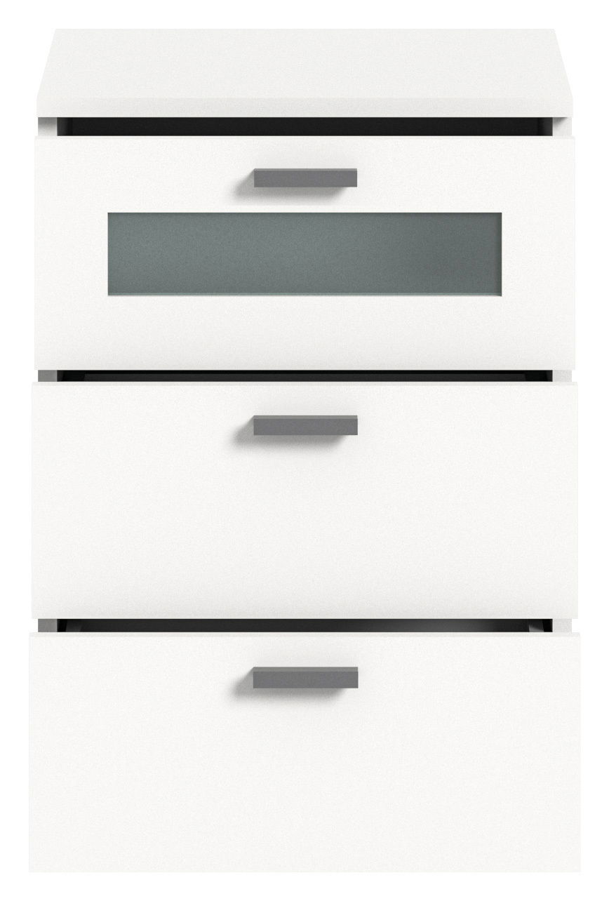 Weiße Nachtkommode mit drei Schubladen, Frontansicht