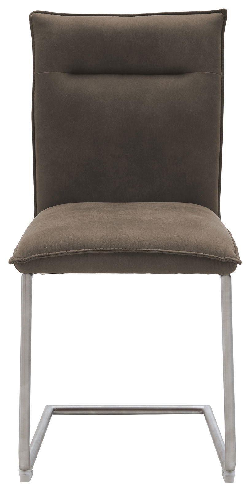 Freischwinger-Stuhl in braunem Stoffbezug mit Metallgestell, Frontalansicht