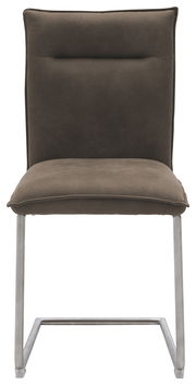 Freischwinger-Stuhl in braunem Stoffbezug mit Metallgestell, Frontalansicht