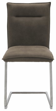 Freischwinger-Stuhl in braunem Stoffbezug mit Metallgestell, Frontalansicht