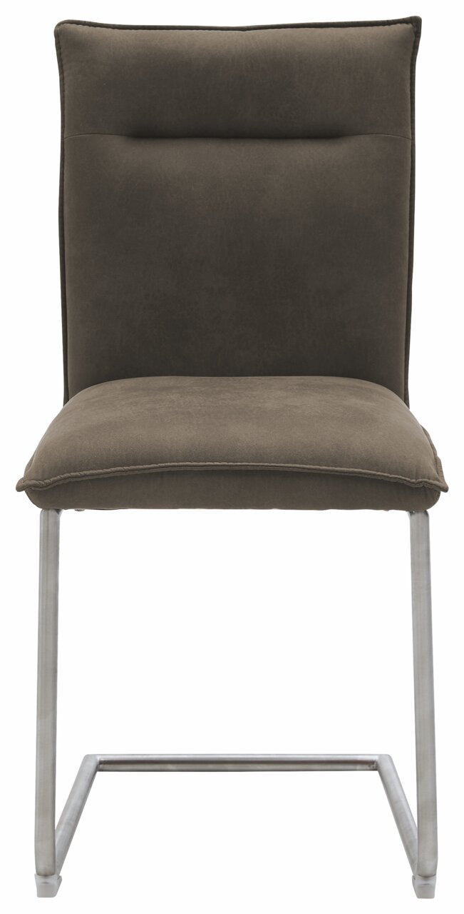 Freischwinger-Stuhl in braunem Stoffbezug mit Metallgestell, Frontalansicht