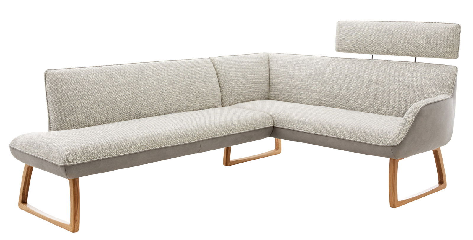 Moderne Eckbank mit hellgrauem Stoffbezug und Holzbeinen, seitliche Perspektive