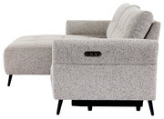 Seitenansicht eines modernen, grauen Ecksofas mit verstellbarer Rückenlehne und schwarzen Beinen.