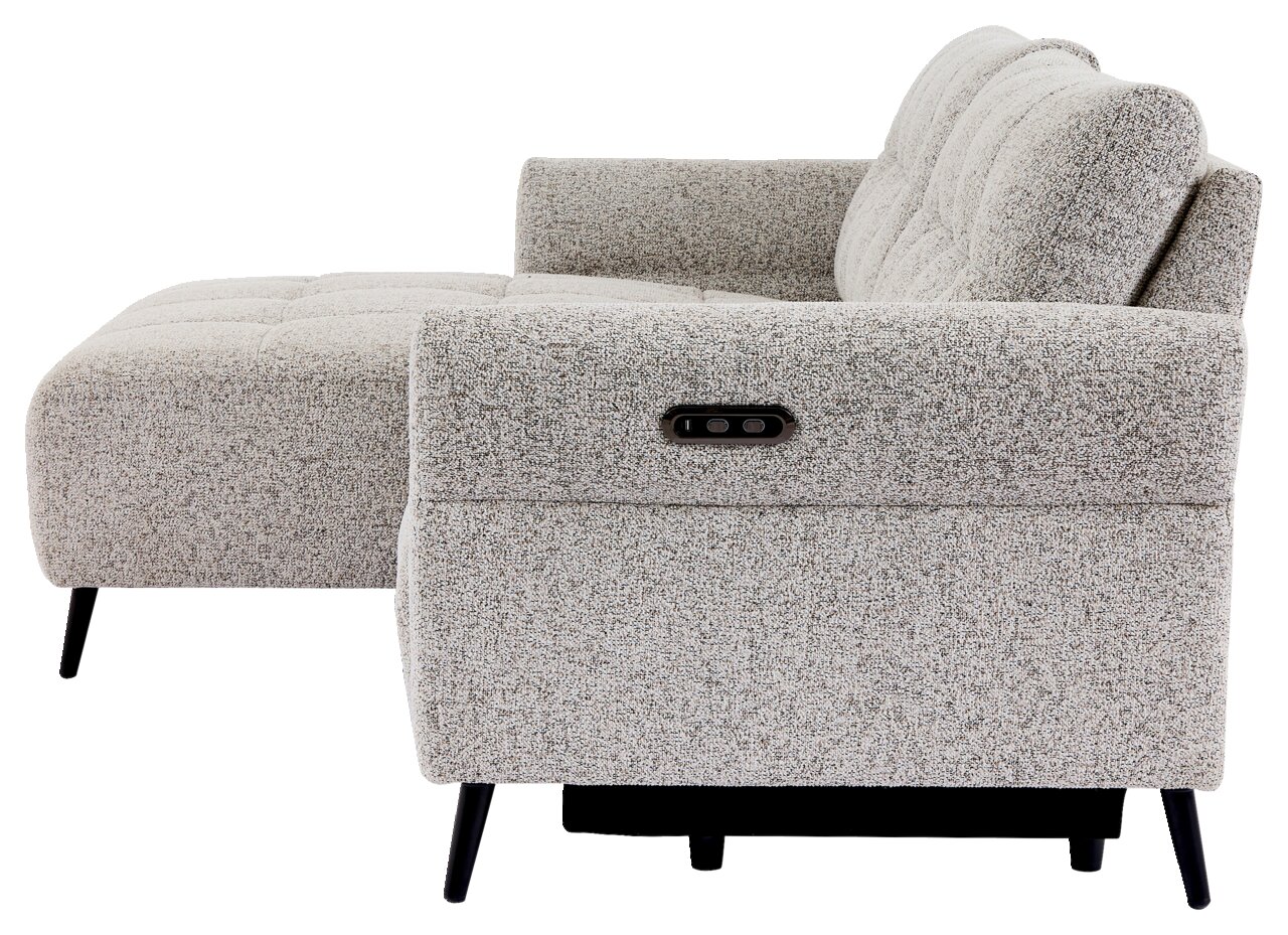 Seitenansicht eines modernen, grauen Ecksofas mit verstellbarer Rückenlehne und schwarzen Beinen.