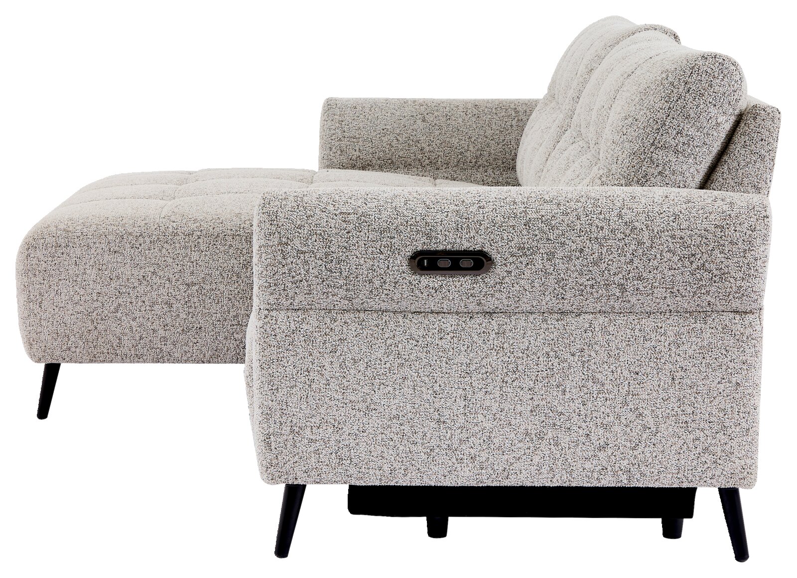 Seitenansicht eines modernen, grauen Ecksofas mit verstellbarer Rückenlehne und schwarzen Beinen.