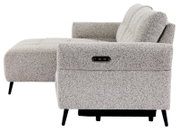 Seitenansicht eines modernen, grauen Ecksofas mit verstellbarer Rückenlehne und schwarzen Beinen.