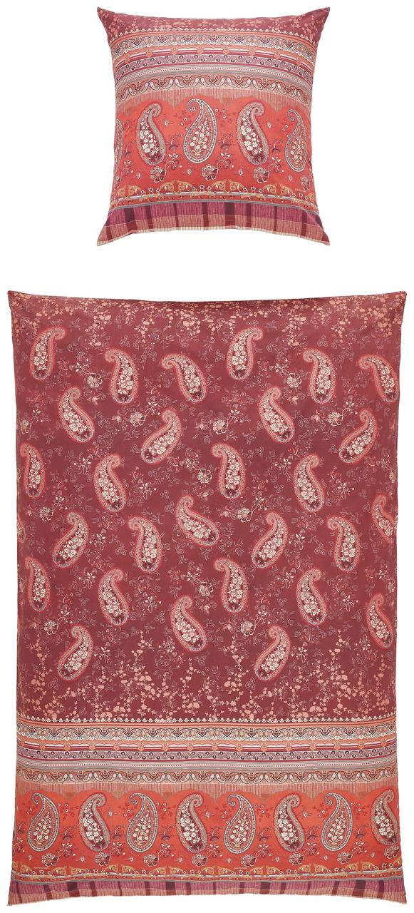 Bettwäsche-Set mit Paisley-Muster in Rot- und Orangetönen, bestehend aus einem Kissenbezug und einem Bettdeckenbezug, von oben betrachtet.