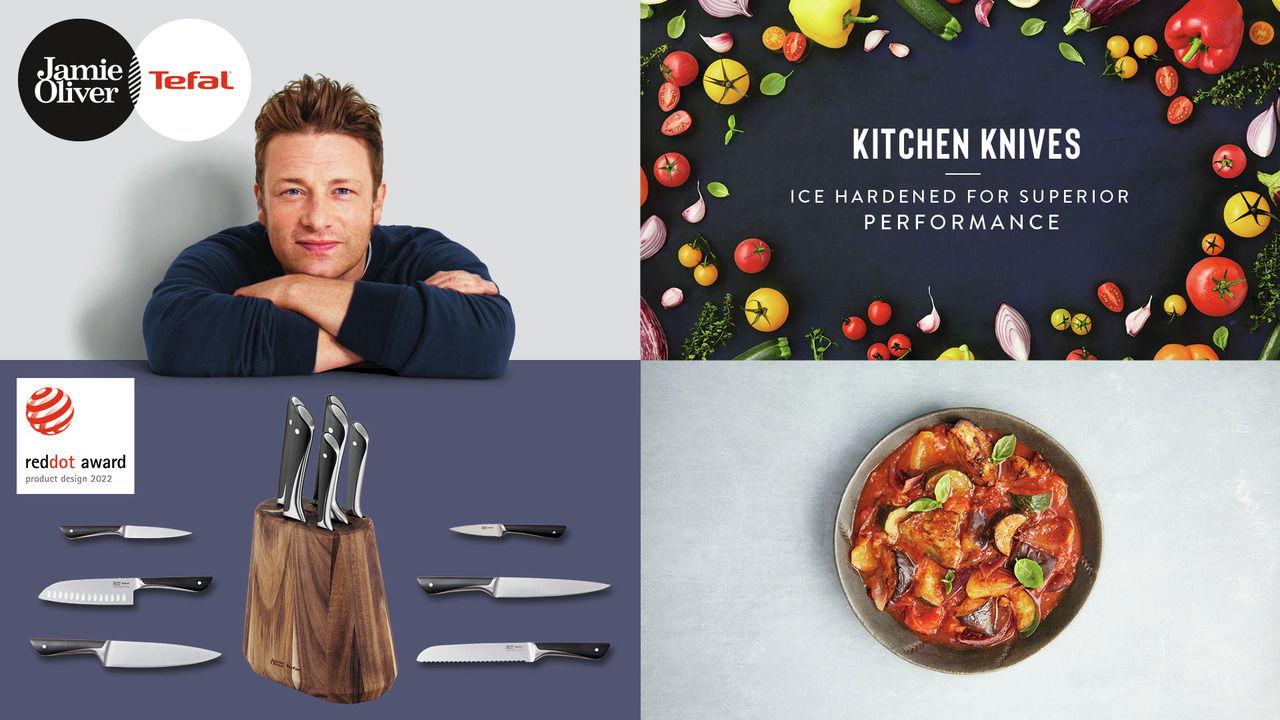Vierteiliges Messerset von Jamie Oliver und Tefal, präsentiert mit einem Holzblock, ausgezeichnet mit dem Red Dot Award 2022, aus der Perspektive von vorne.