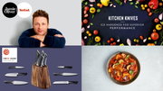 Vierdelige messenset van Jamie Oliver en Tefal, gepresenteerd op een houten blok, bekroond met de Red Dot Award 2022, gezien vanaf de voorkant.