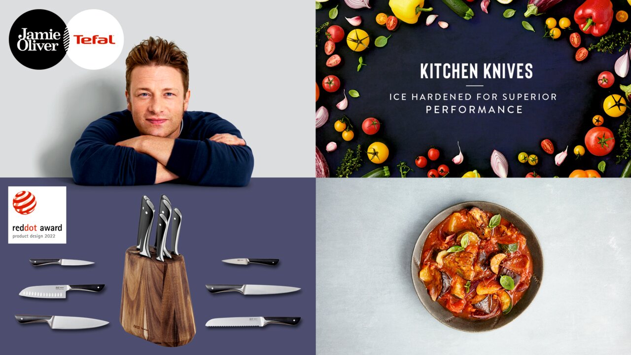 Vierdelige messenset van Jamie Oliver en Tefal, gepresenteerd op een houten blok, bekroond met de Red Dot Award 2022, gezien vanaf de voorkant.