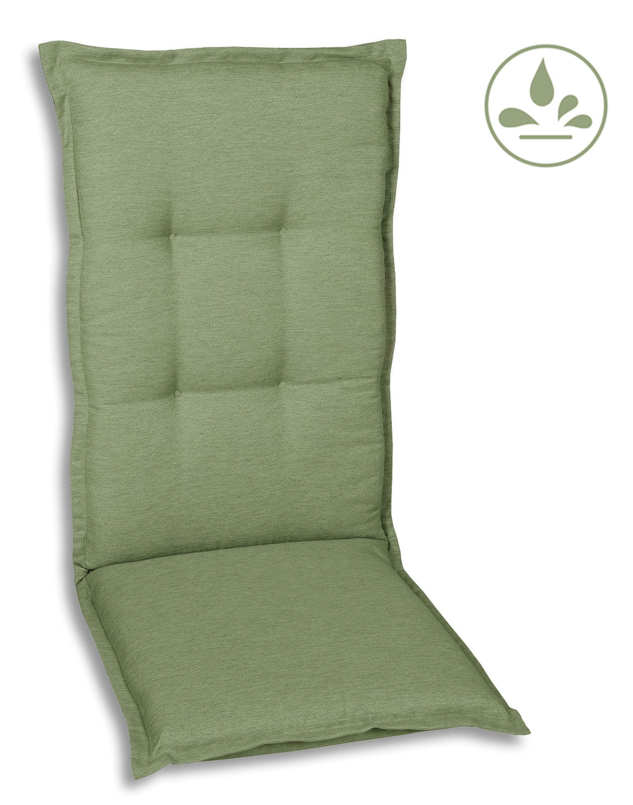 Go-De Sesselauflage Grüne Sesselauflage in Frontalansicht mit wasserabweisendem Symbol