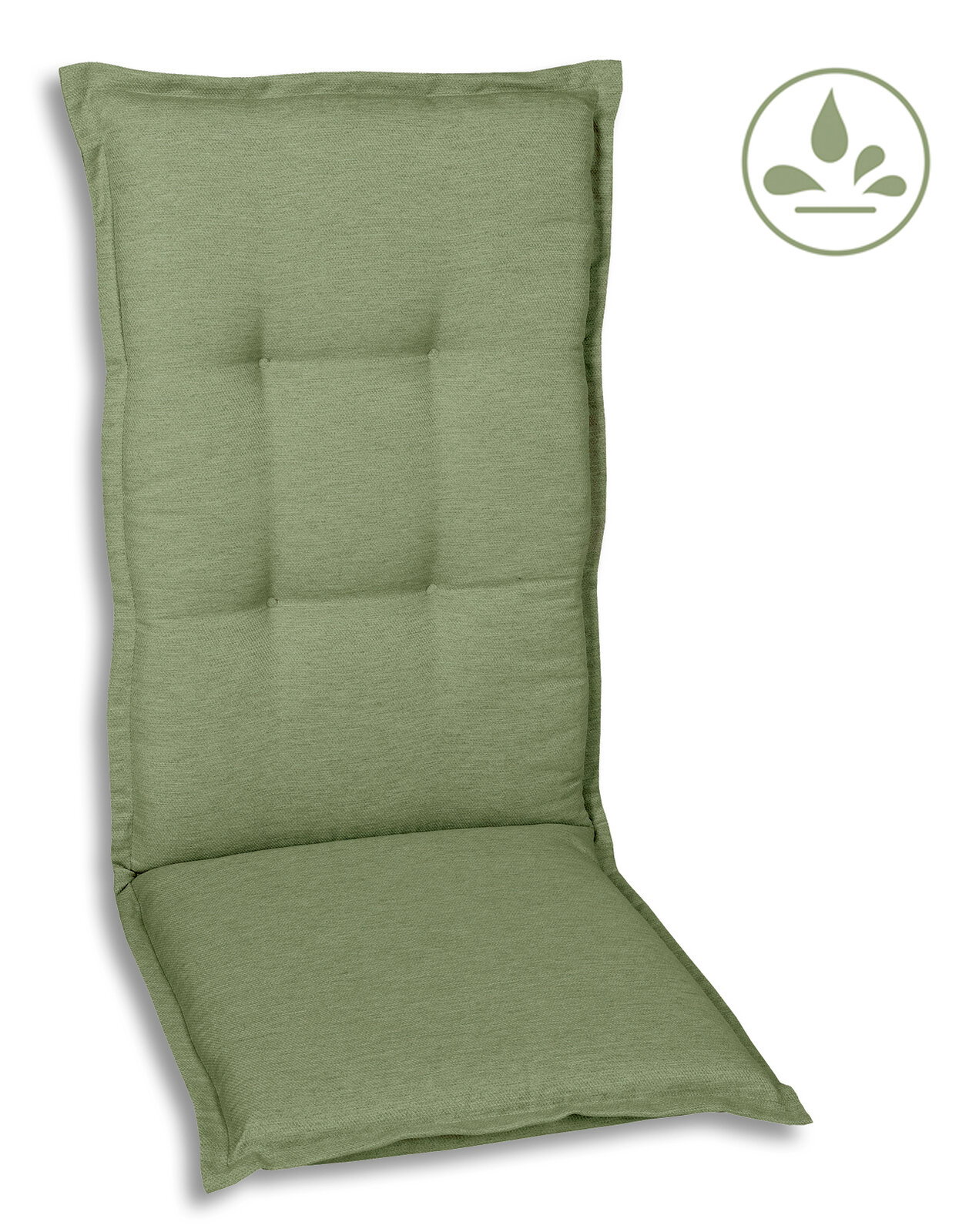 Go-De Sesselauflage Grüne Sesselauflage in Frontalansicht mit wasserabweisendem Symbol