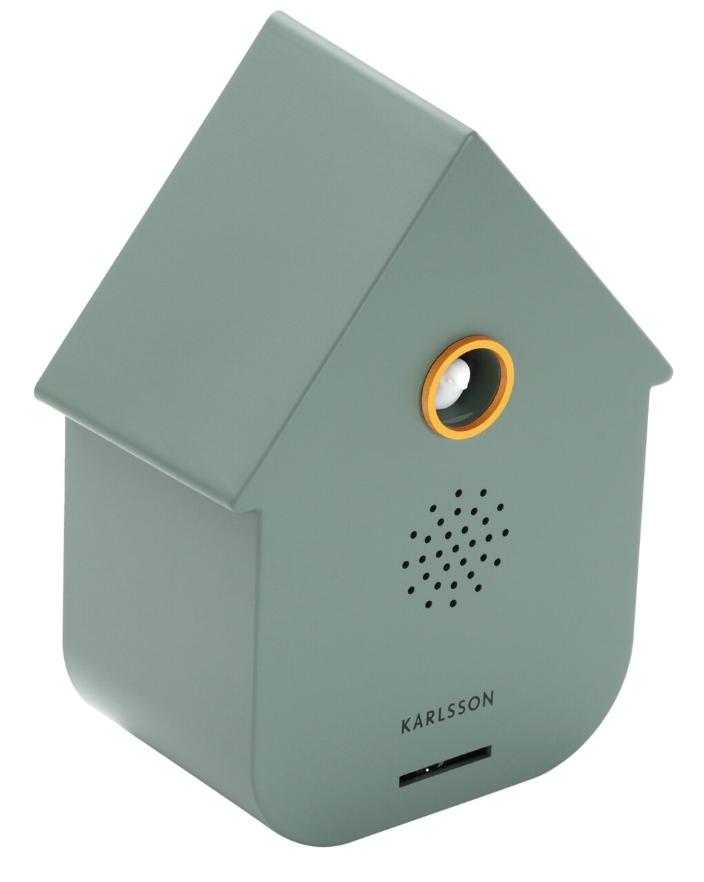 Grüne Soundbox in Form eines Hauses mit Lautsprechergitter und gelbem Ring, seitliche Perspektive