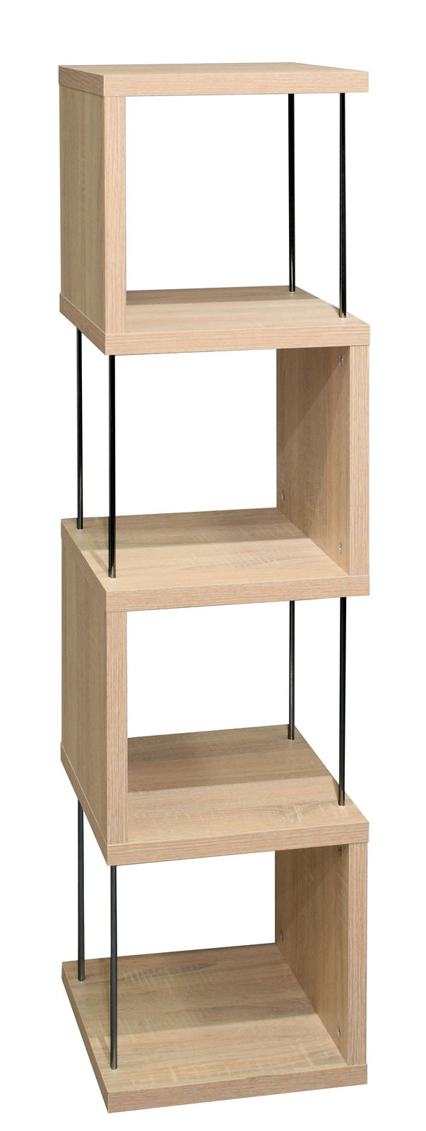 Modernes Standregal mit vier offenen Fächern aus hellem Holz und schwarzen Metallstreben, seitliche Perspektive