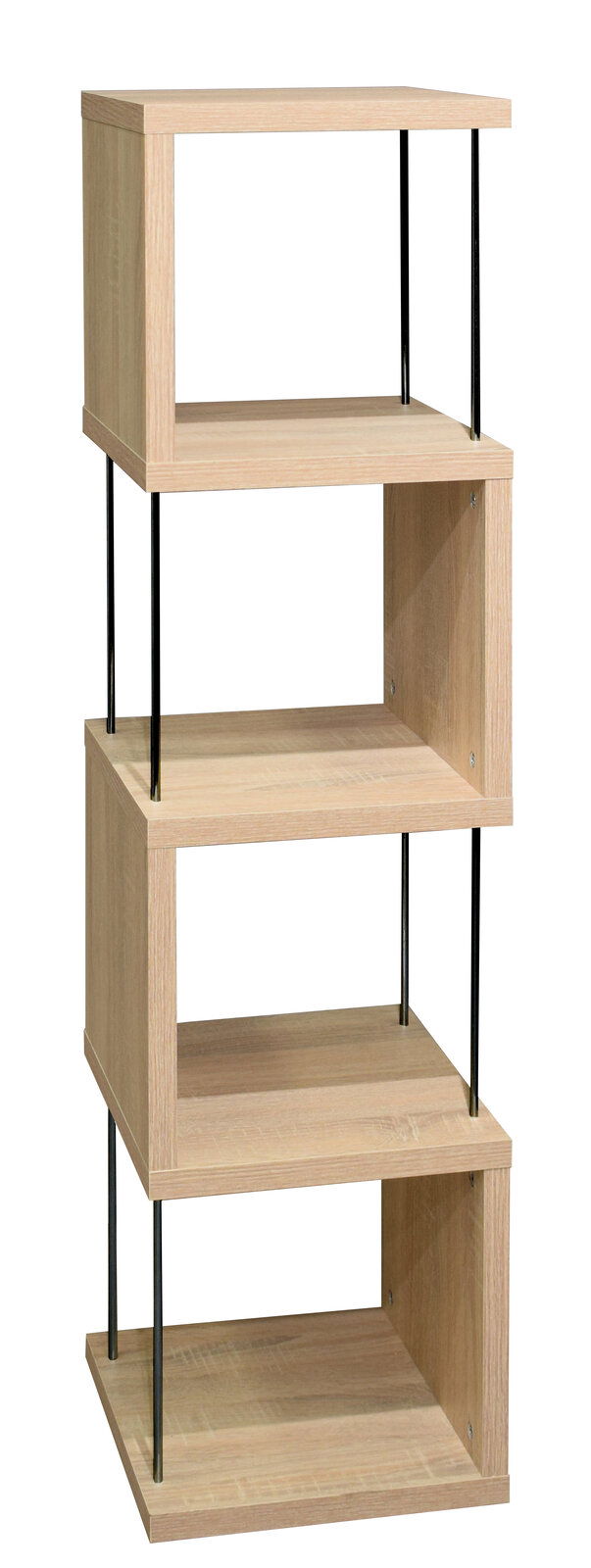 Modernes Standregal mit vier offenen Fächern aus hellem Holz und schwarzen Metallstreben, seitliche Perspektive