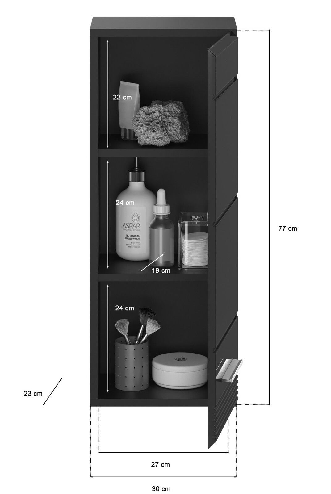 Schwarzer Badezimmerschrank mit drei offenen Regalfächern, gefüllt mit Pflegeprodukten und Accessoires, aus der Perspektive von vorne betrachtet.