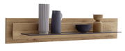 Wandboard aus Holz mit dekorativen Vasen und Schalen, seitliche Perspektive
