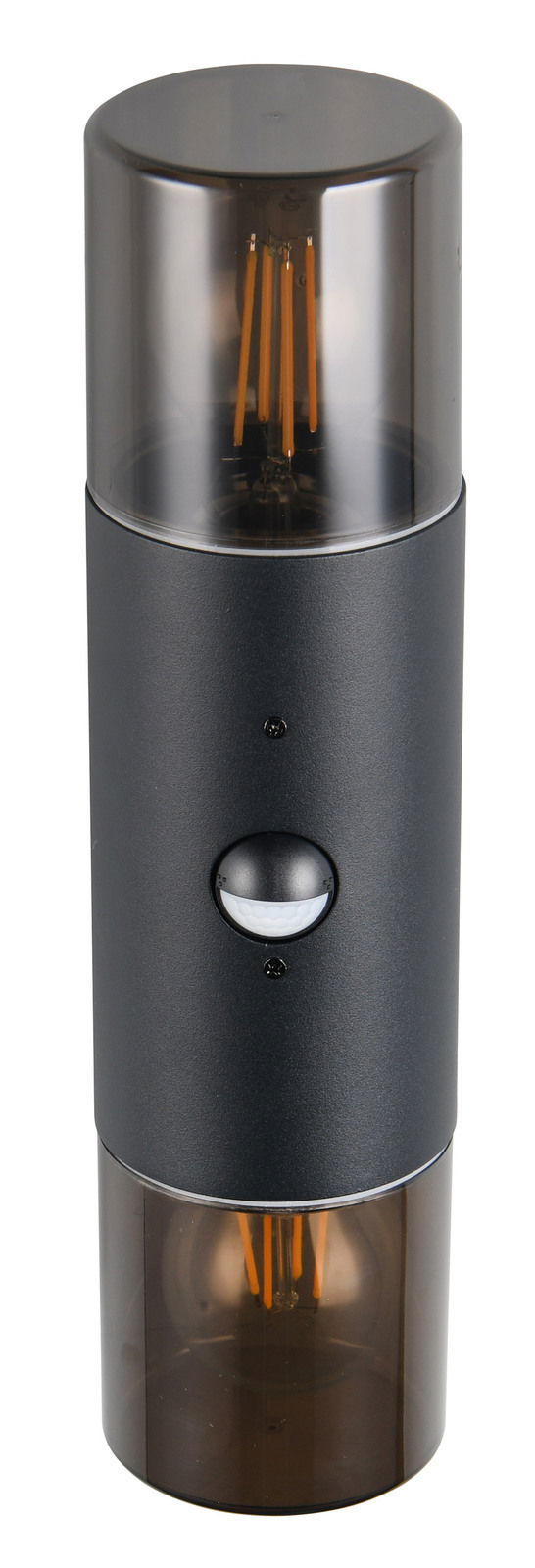 Moderne zylindrische Wandleuchte HOOSIC mit schwarzem Gehäuse und transparenten Enden, frontal abgebildet.