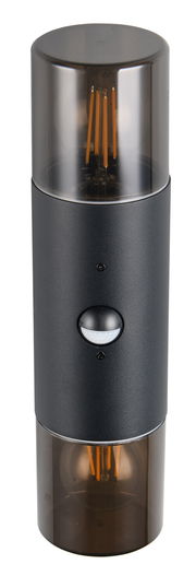 Moderne zylindrische Wandleuchte HOOSIC mit schwarzem Gehäuse und transparenten Enden, frontal abgebildet.