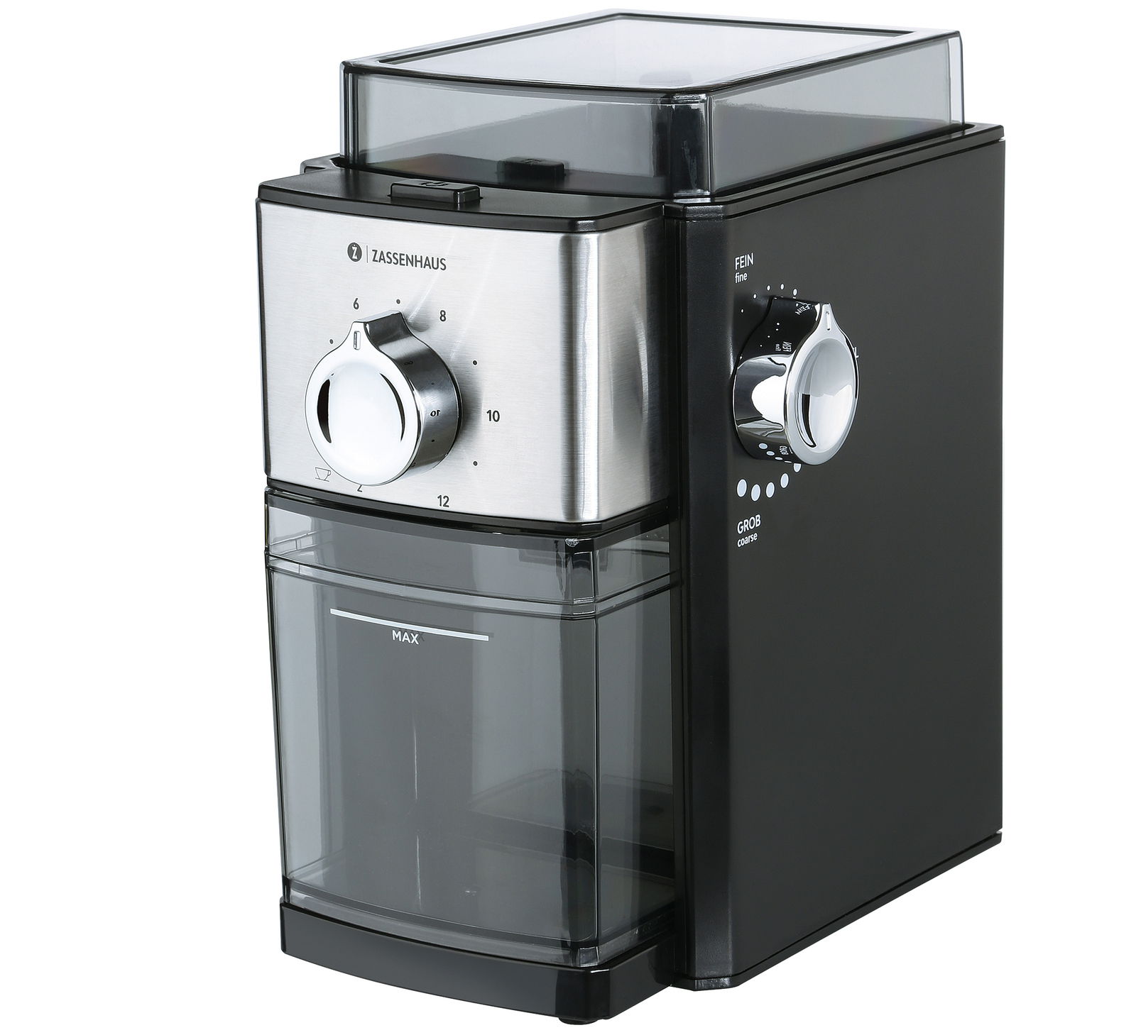 Kaffeemühle Kingston Steel in seitlicher Perspektive mit Edelstahlfront und schwarzem Gehäuse, Drehknöpfe zur Einstellung des Mahlgrades sichtbar.