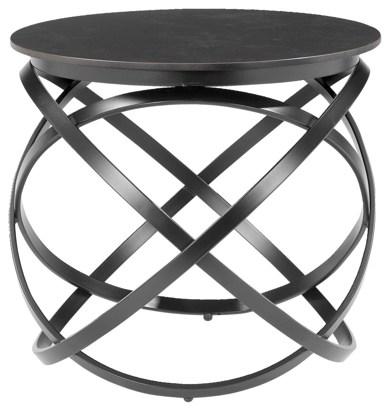 Moderne bijzettafel met een zwart, rond tafelblad en een kunstig verweven metalen onderstel, gezien van voren.