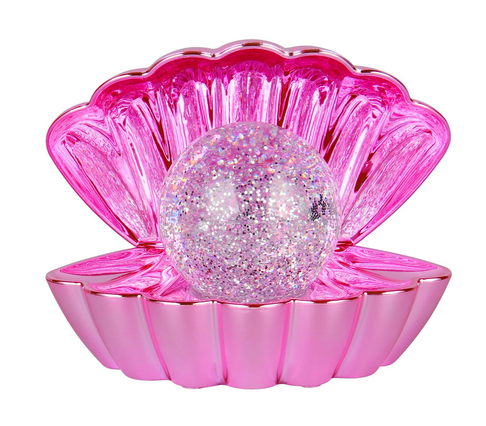 Rosa LED-Tischleuchte in Form einer geöffneten Muschel mit glitzernder Kugel, Frontalansicht