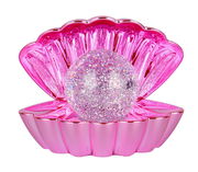 Rosa LED-Tischleuchte in Form einer geöffneten Muschel mit glitzernder Kugel, Frontalansicht